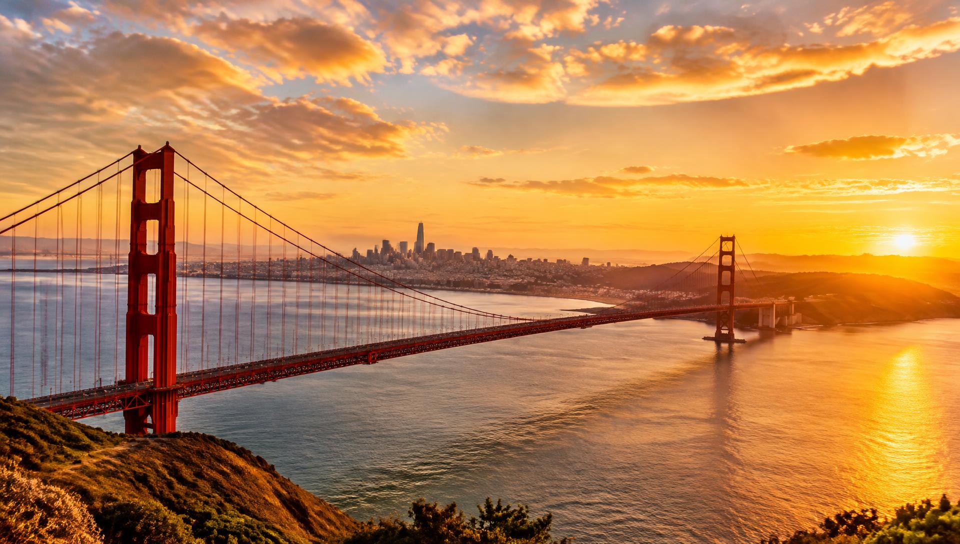Golden Gate Bridge and San Francisco skyline at golden hour