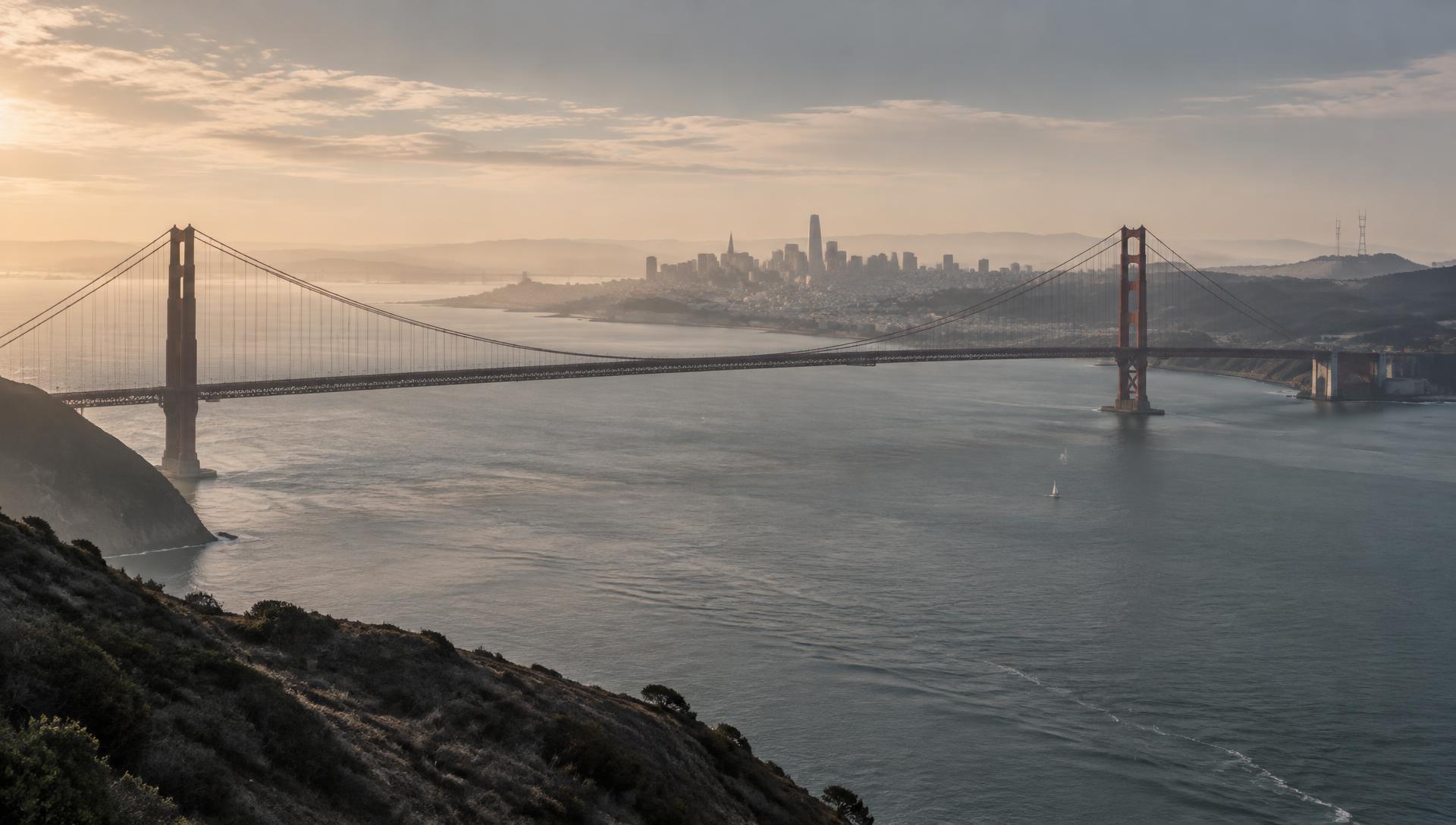 Golden Gate Bridge and the San Francisco skyline in soft late-afternoon light
